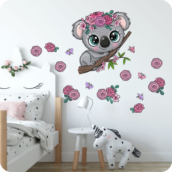 koala virágokkal és pillangókkal