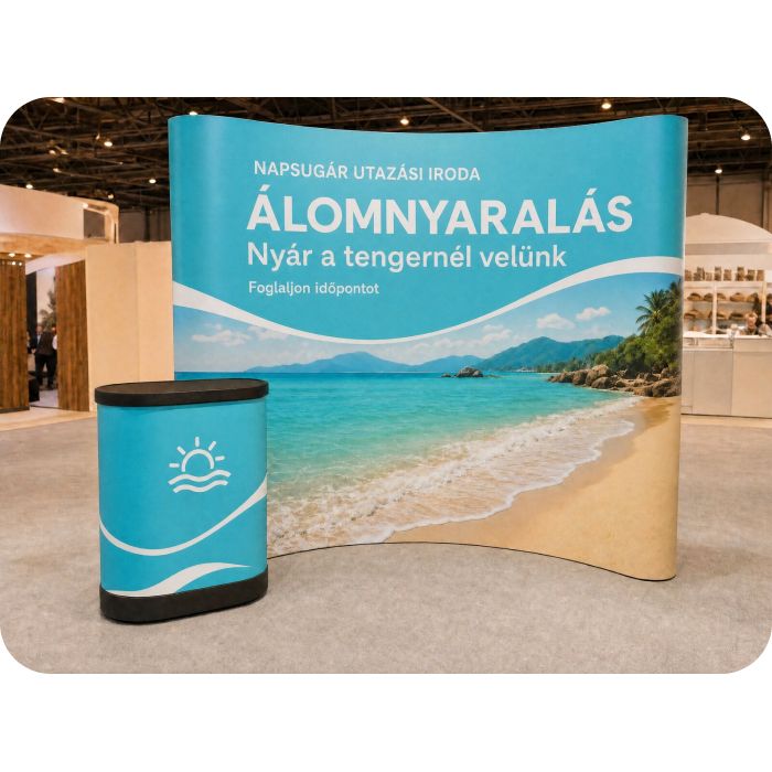 Pop Up sajtófal Standard – utazási iroda standja pulttal