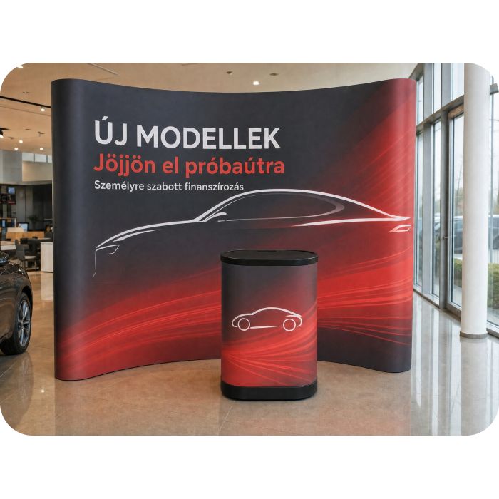 Pop Up sajtófal Standard – autószalonban pulttal