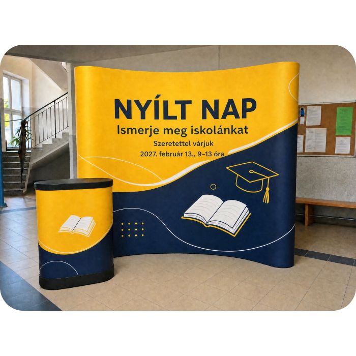 Pop Up sajtófal Standard – iskolai nyílt nap pulttal