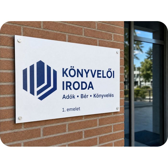 Alumínium reklámtábla – könyvelőiroda táblája téglafalon