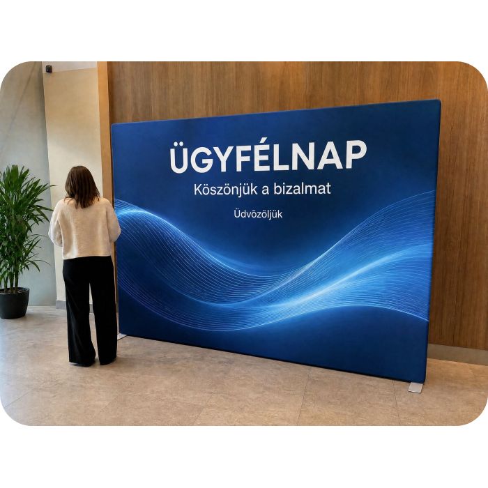 Feszített textil háttérfal – ügyfélnap az előcsarnokban