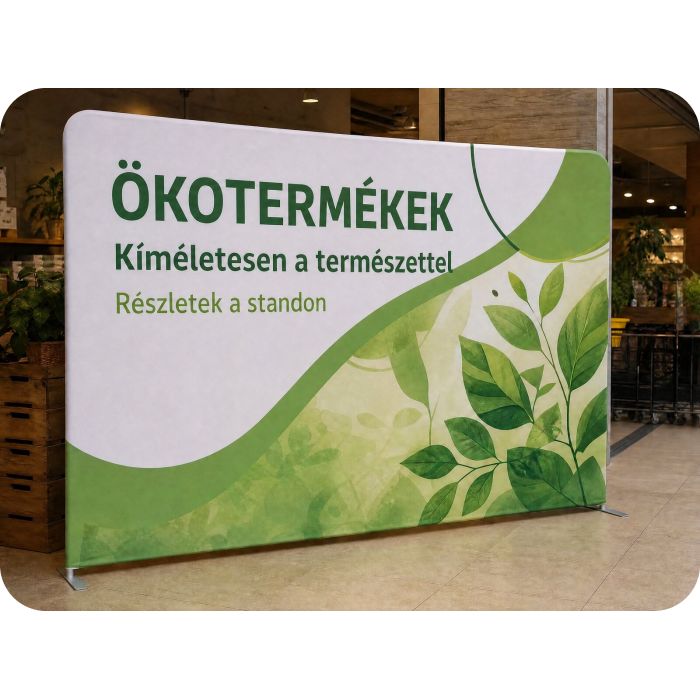 Feszített textil háttérfal – ökotermékek standja
