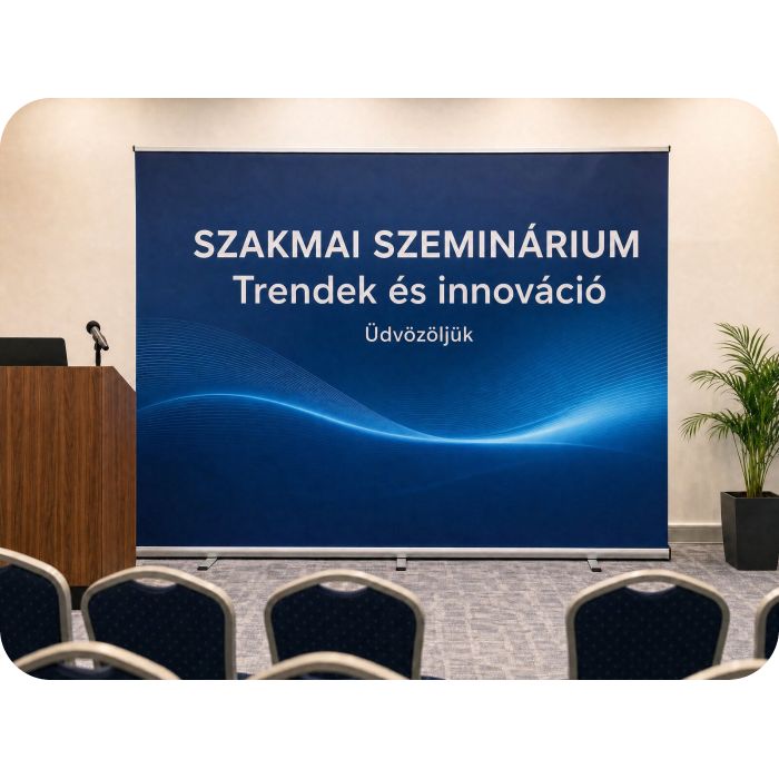 Feltekerhető sajtófal – szakmai szeminárium előadói pult mögött