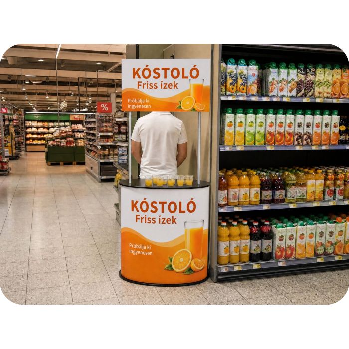 Standard promóciós pult – gyümölcslé-kóstoló szupermarketben