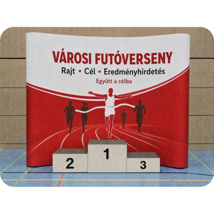 Pop Up sajtófal Economy – városi futóverseny eredményhirdetése