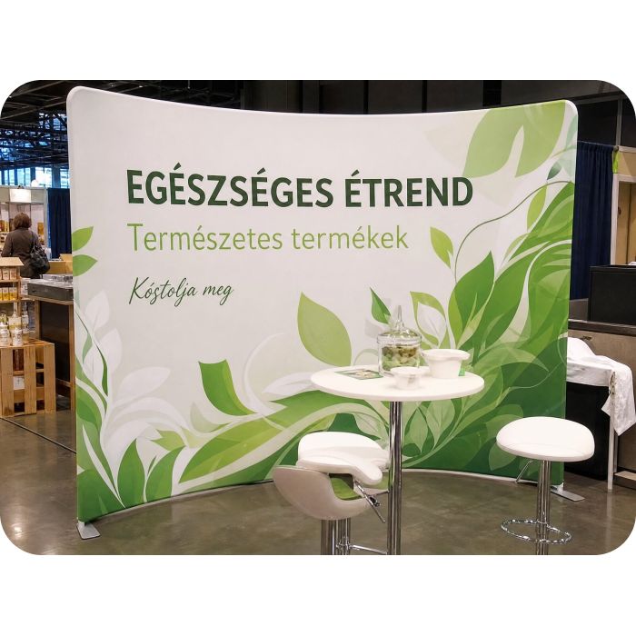 Ívelt textil háttérfal – egészséges étrend standja