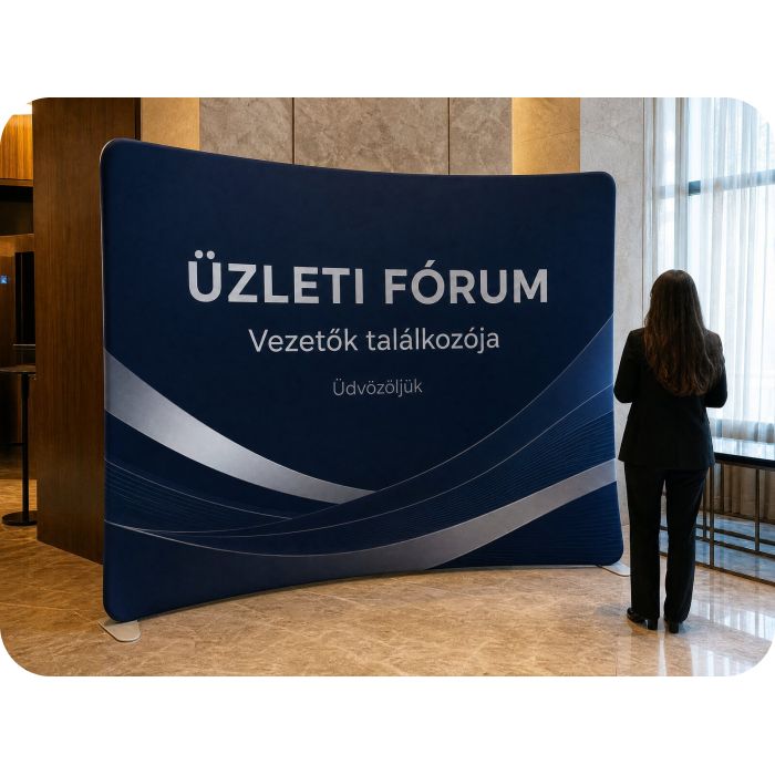 Ívelt textil háttérfal – üzleti fórum szállodában