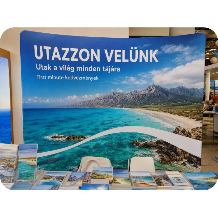 Ívelt textil háttérfal – utazási iroda kiállítási standja