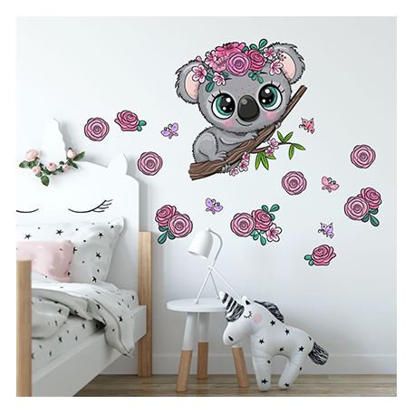 koala virágokkal és pillangókkal